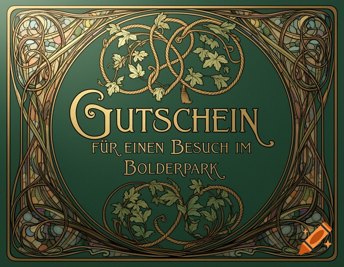 Art Nouveau style green and gold voucher for a visit to Bolderpark, featuring ornate swirling designs and botanical elements.