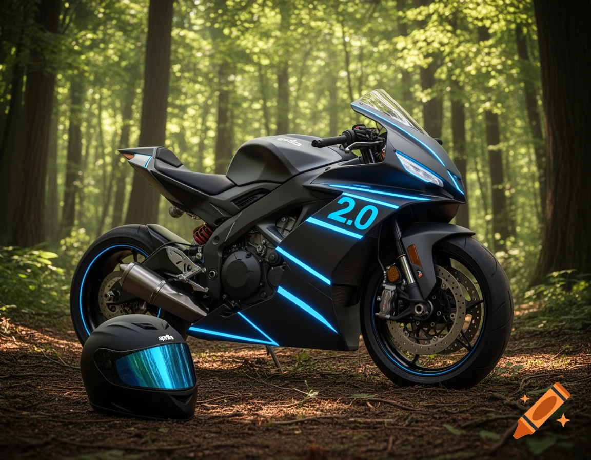 A photorealistic matte black Aprilia sport motorcycle with glowing neon blue lines and '2.0' on its side is parked on a forest path. A black helmet with a blue mirrored visor rests on the ground beside it.