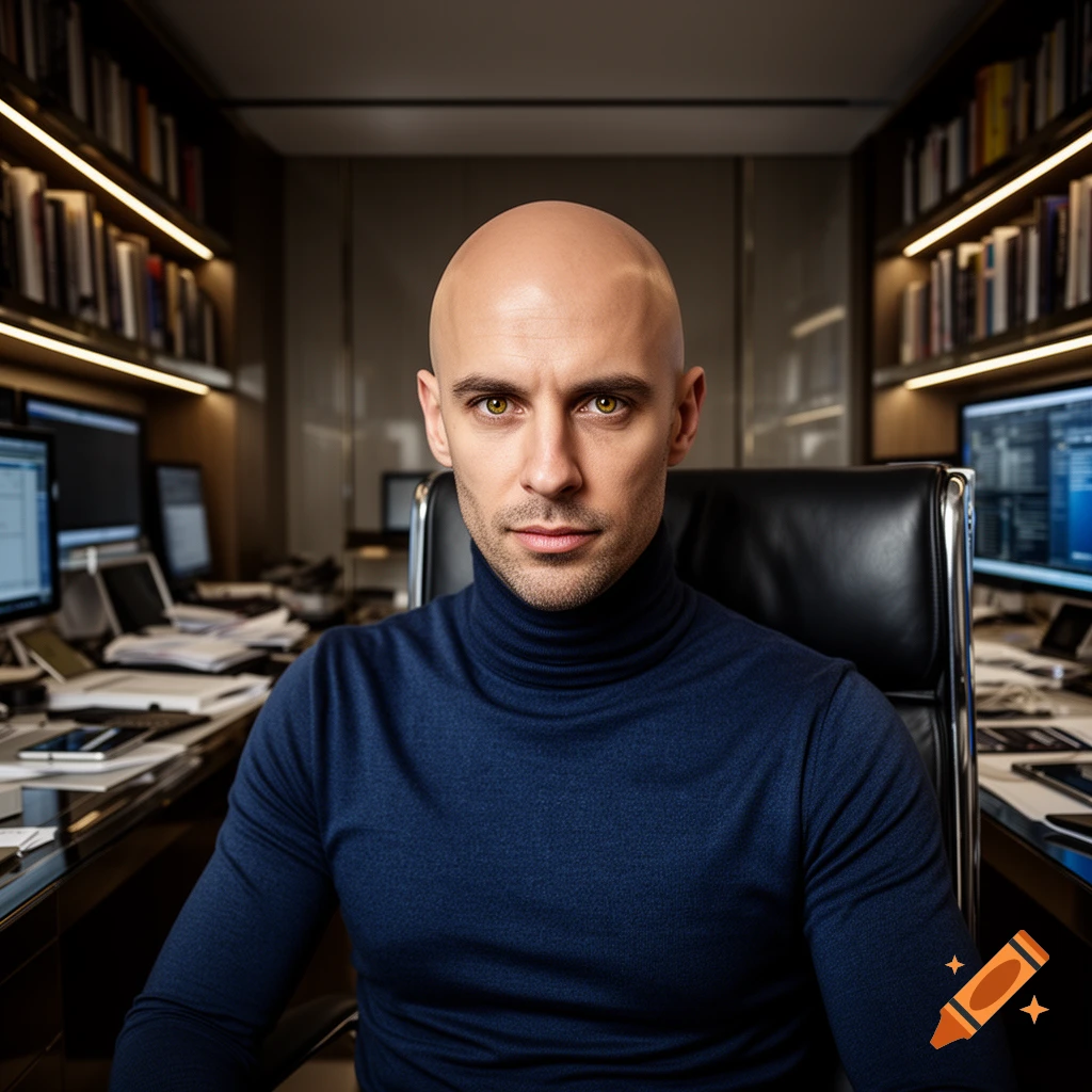 A photorealistic portrait of a bald man in a blue turtleneck, seated in an office with bookshelves and monitors in the background.
