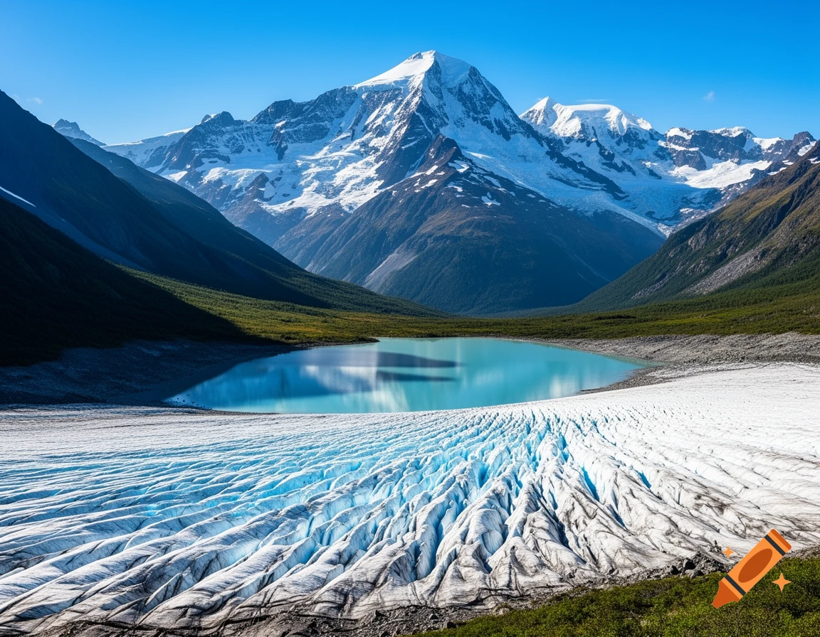 Photorealistic mountain landscape with a turquoise lake reflecting mountains, and a blue-white glacier in the foreground under a clear blue sky.