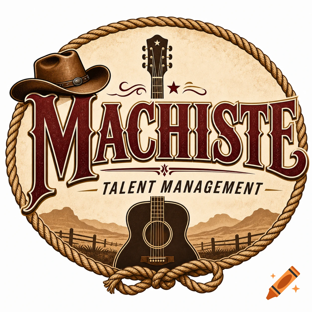 Vintage oval logo for Machiste Talent Management, featuring a cowboy hat, guitars, and a rope border against a desert landscape.