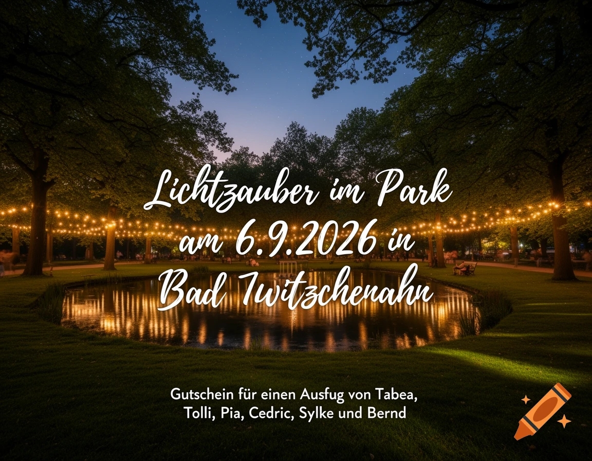 A night scene of a park illuminated by string lights, with reflections in a pond and overlaying white German text.