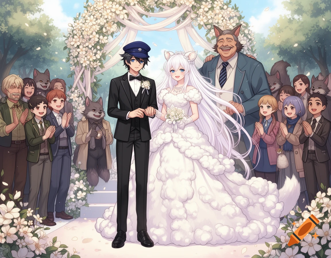 An anime-style wedding features a groom in a black suit and a bride in a fluffy white dress, with anthropomorphic wolf-eared guests celebrating.