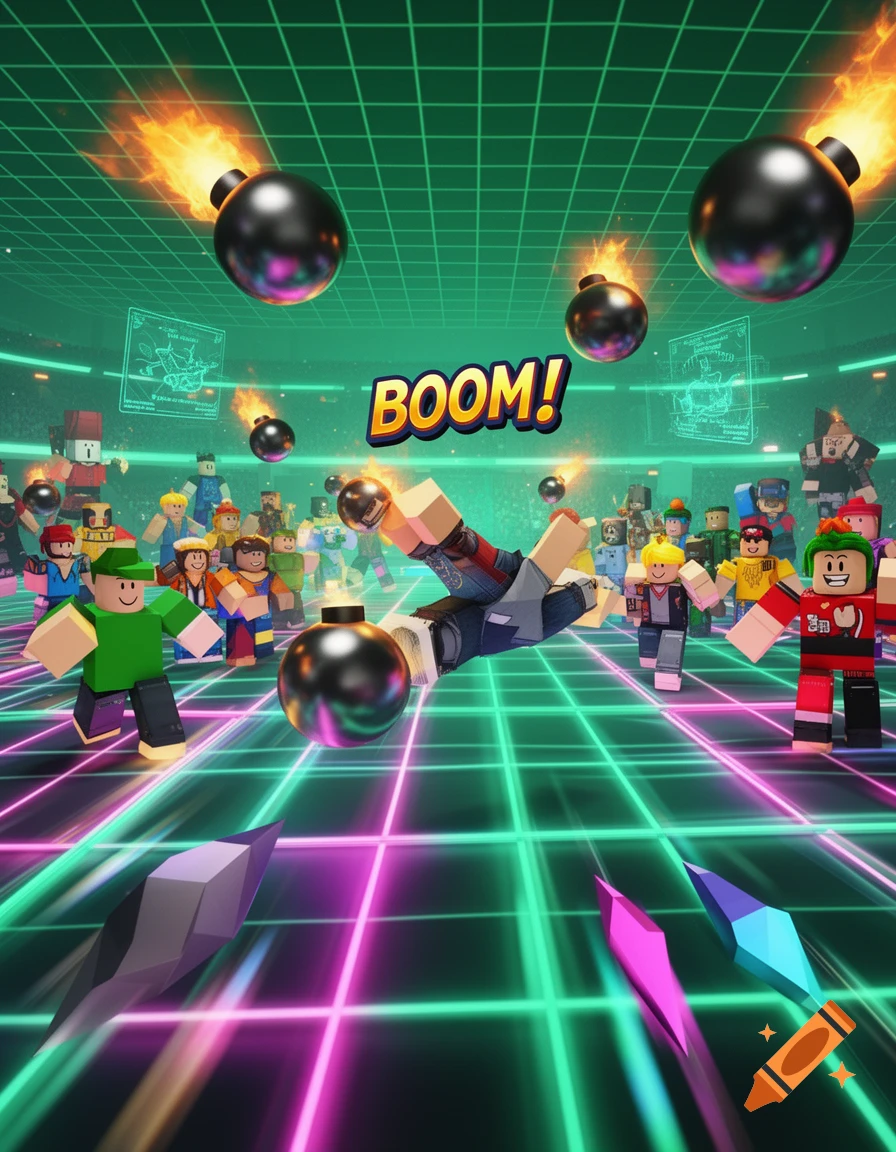 A colorful Roblox-style scene showing blocky characters in a game, one falling while dodging bombs above a glowing neon grid, with "BOOM!" text.