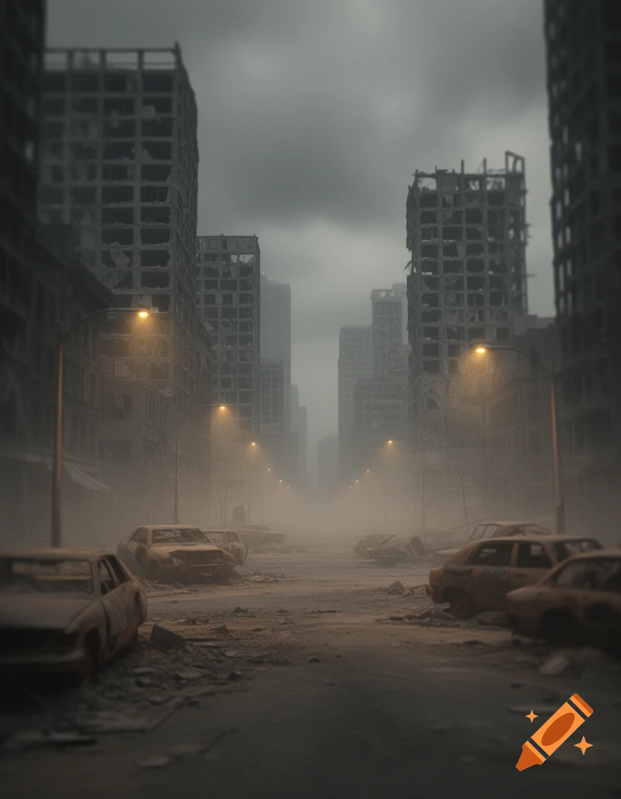 A desolate, foggy post-apocalyptic city street with ruined buildings and abandoned cars under a dark sky, illuminated by faint streetlights.