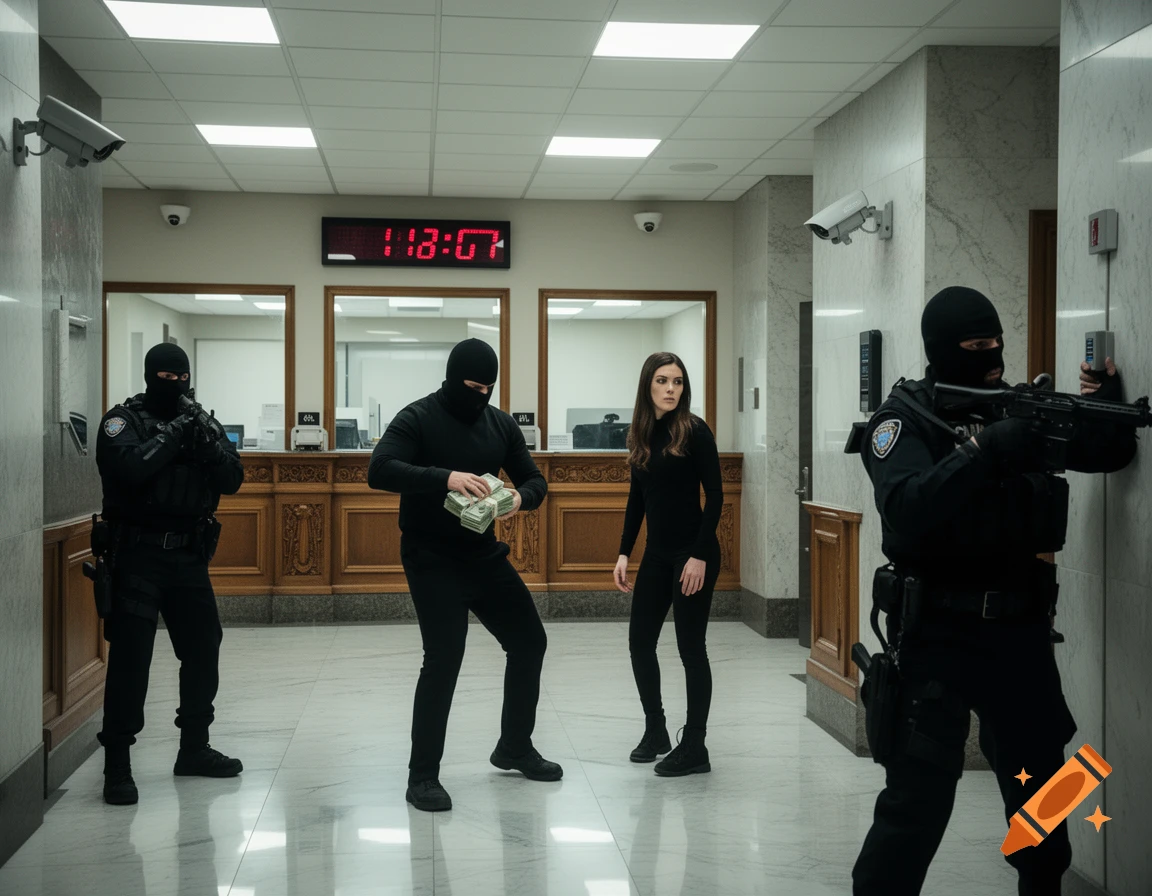 Photorealistic image of a bank robbery with masked individuals and armed officers in a modern bank lobby.