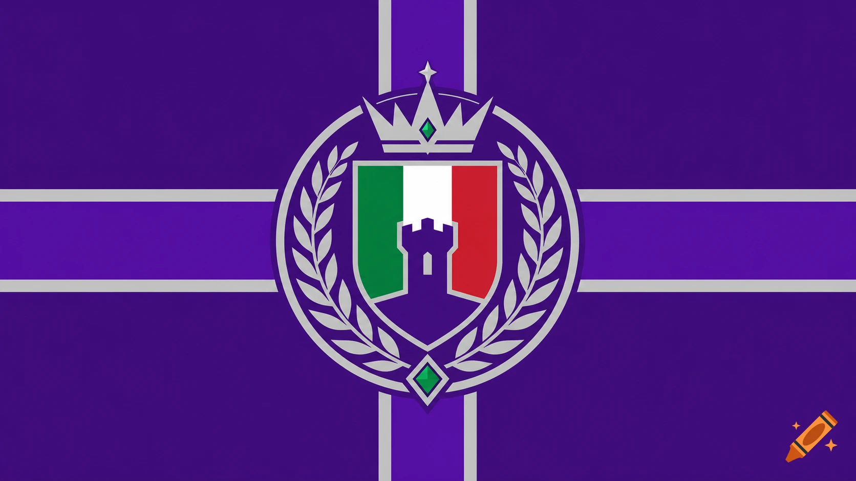 A purple flag with a grey cross and a central emblem featuring a crown, a shield with the Italian flag and a castle, framed by laurel wreaths.