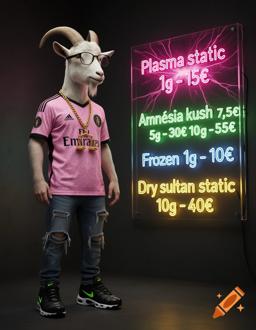 A photorealistic image of a goat-headed man in a pink football jersey, ripped jeans, and sneakers, standing next to a glowing neon sign advertising items with prices.