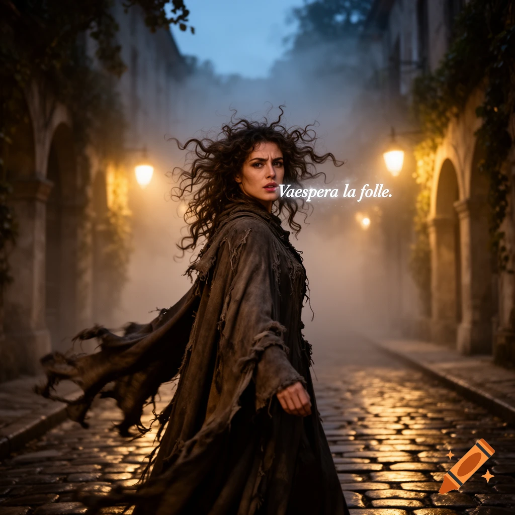 A woman with wild, curly hair and tattered clothes walks through a misty, lantern-lit cobblestone alley at dusk, looking over her shoulder.