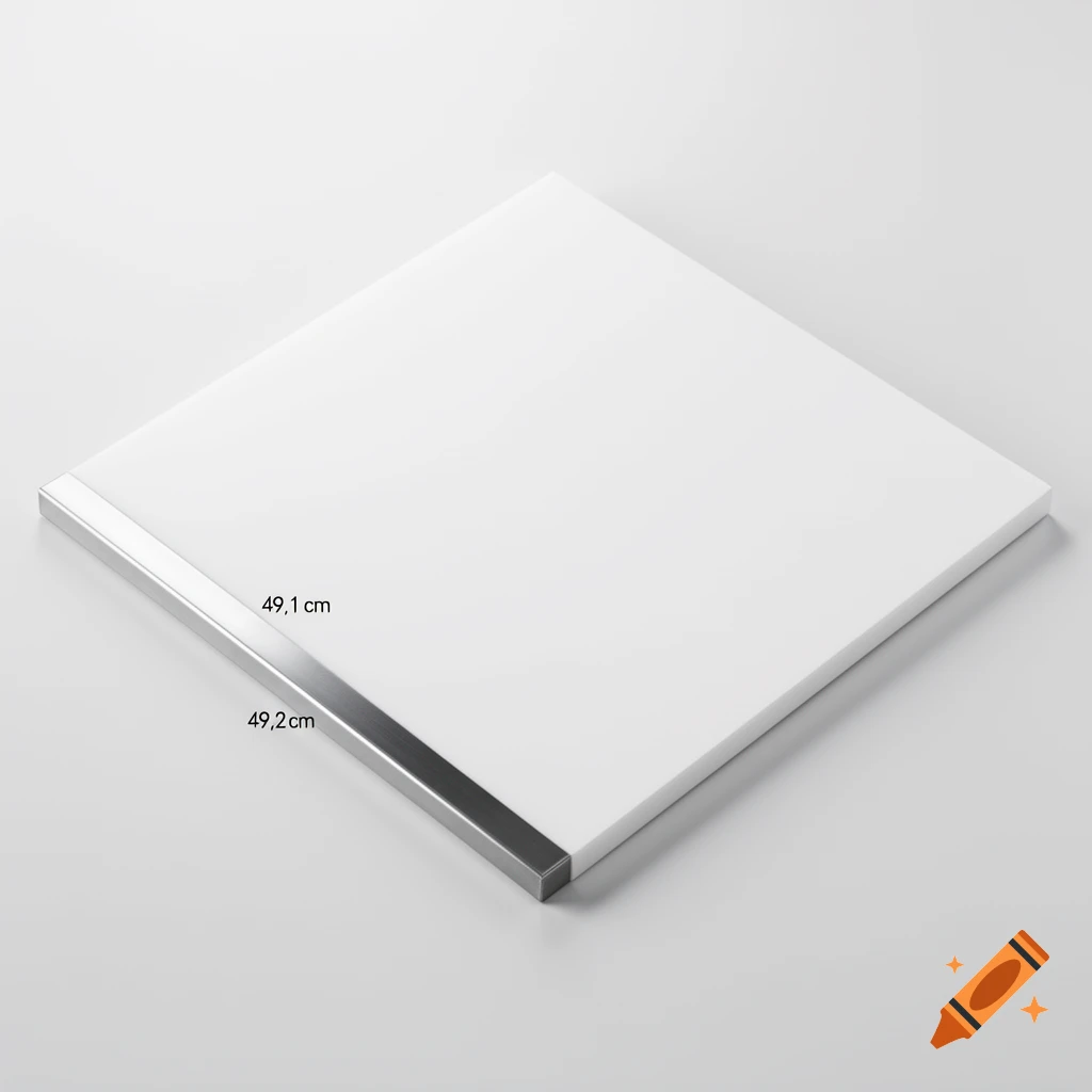 A white square board with a silver metal strip along one edge, labeled with dimensions "49,1 cm" and "49,2 cm" on a light gray background.