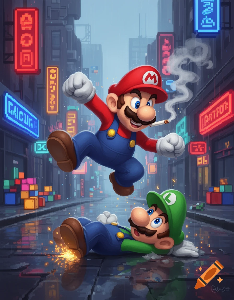 Mario chain-smoking, stomping on Luigi on a wet pixelated city street with neon signs.