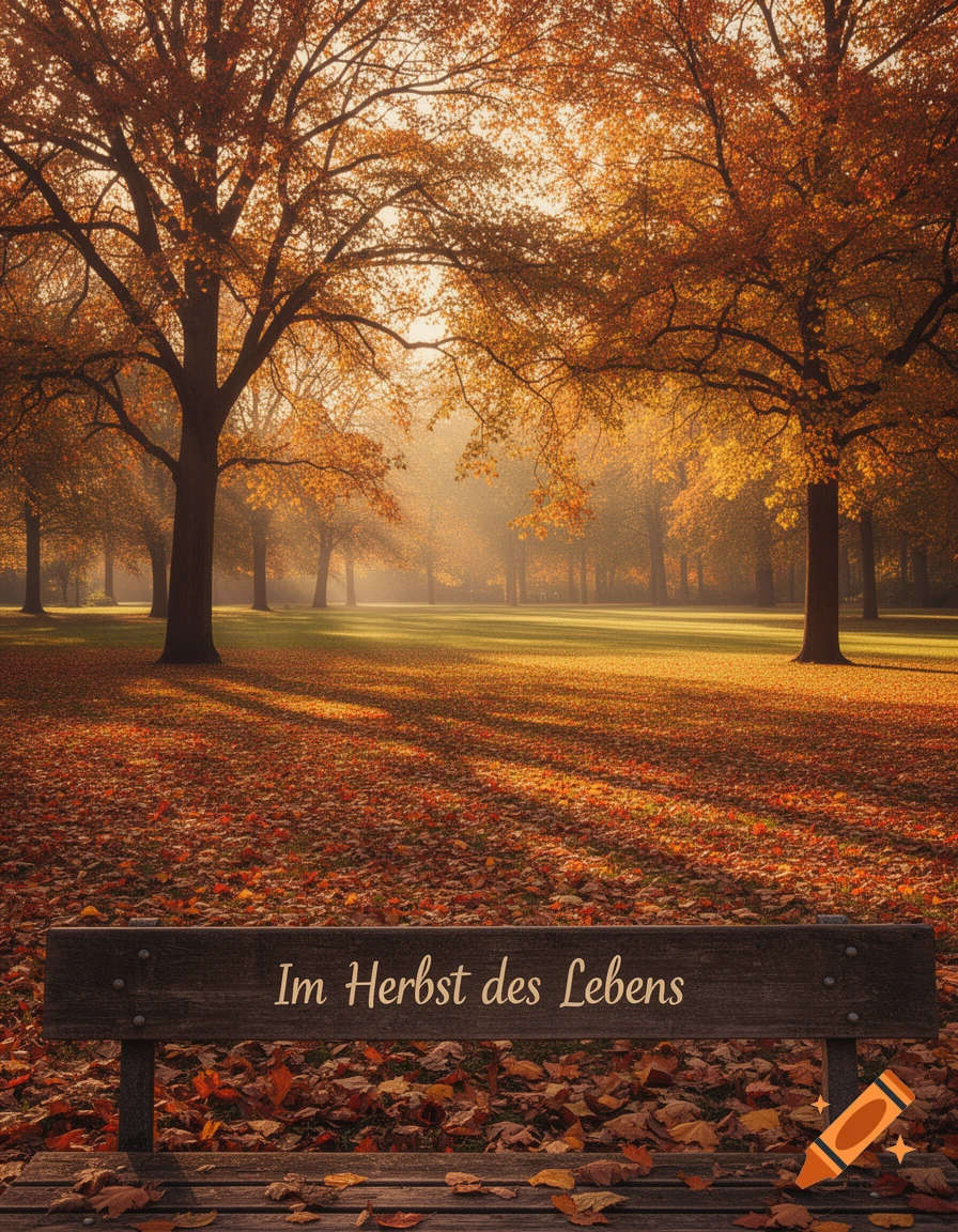 A sunlit autumn park with golden trees, fallen orange leaves, and a bench with 'Im Herbst des Lebens' written on it.