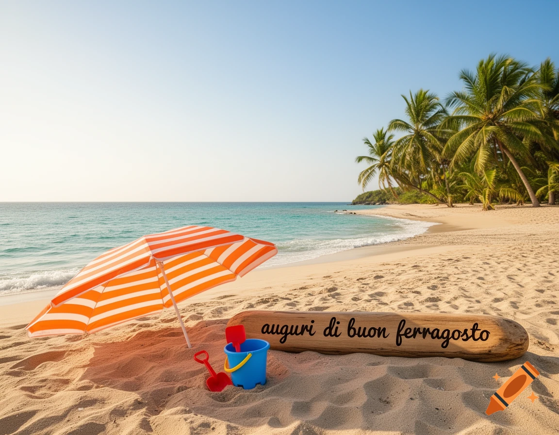 Photorealistic tropical beach scene with an orange umbrella, sand toys, and a log displaying 'auguri di buon ferragosto'.