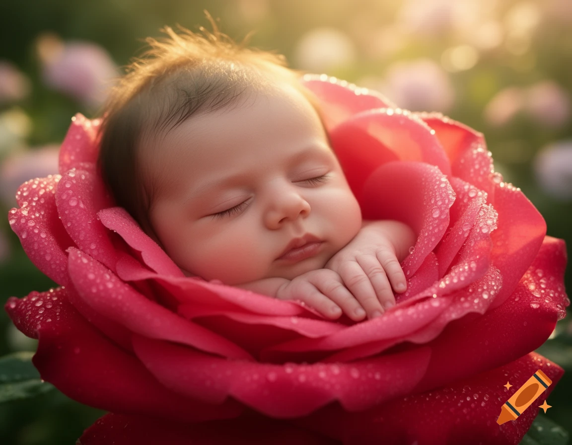 A photorealistic baby sleeps peacefully nestled within the petals of a dewy red rose.