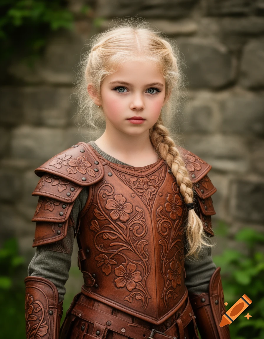 A young blonde girl with a braided pigtail wears intricate brown leather fantasy armor with floral patterns, looking at the viewer.