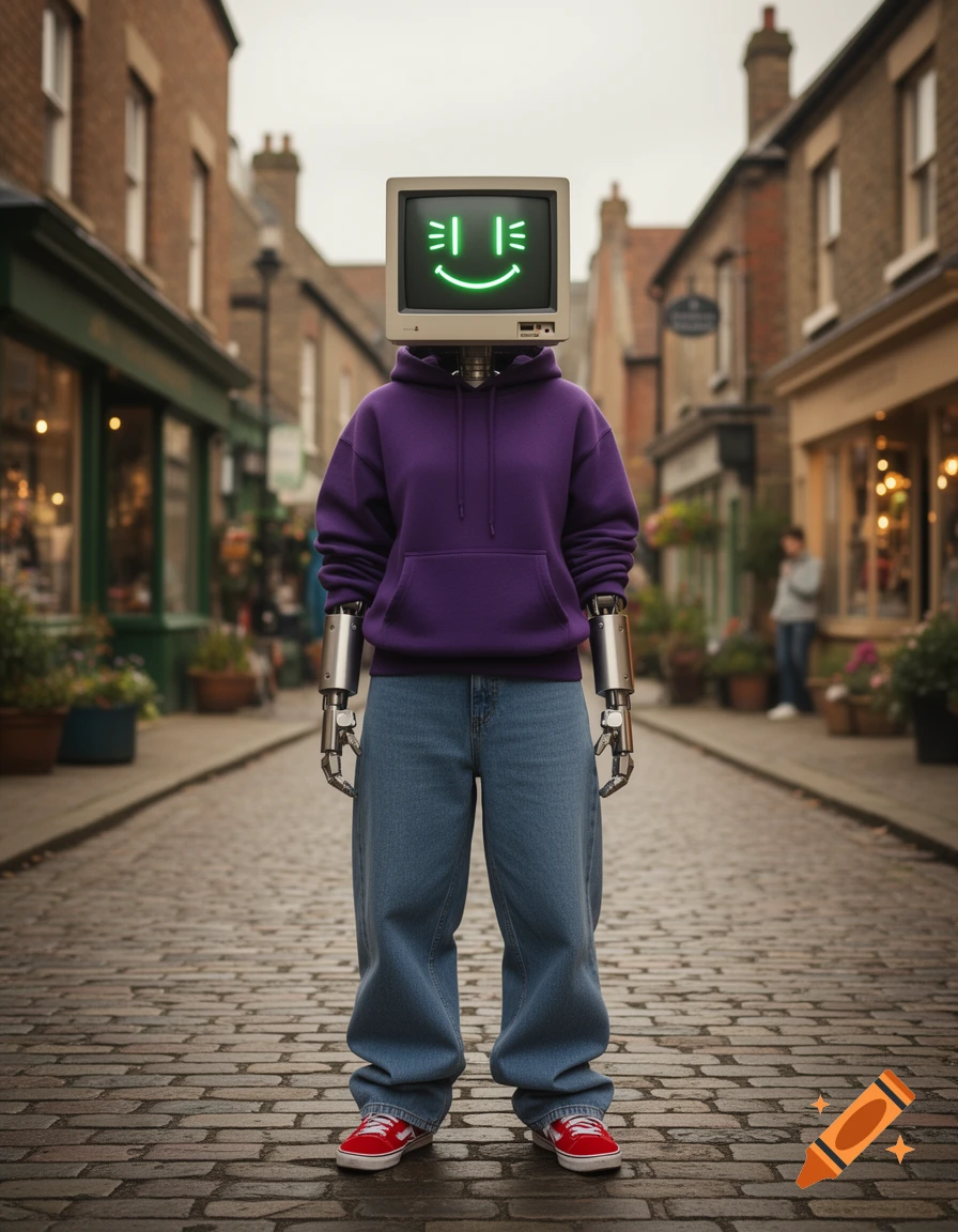 A robot with a monitor for a head, wearing a purple hoodie, baggy jeans, and red sneakers, stands on a cobblestone street.