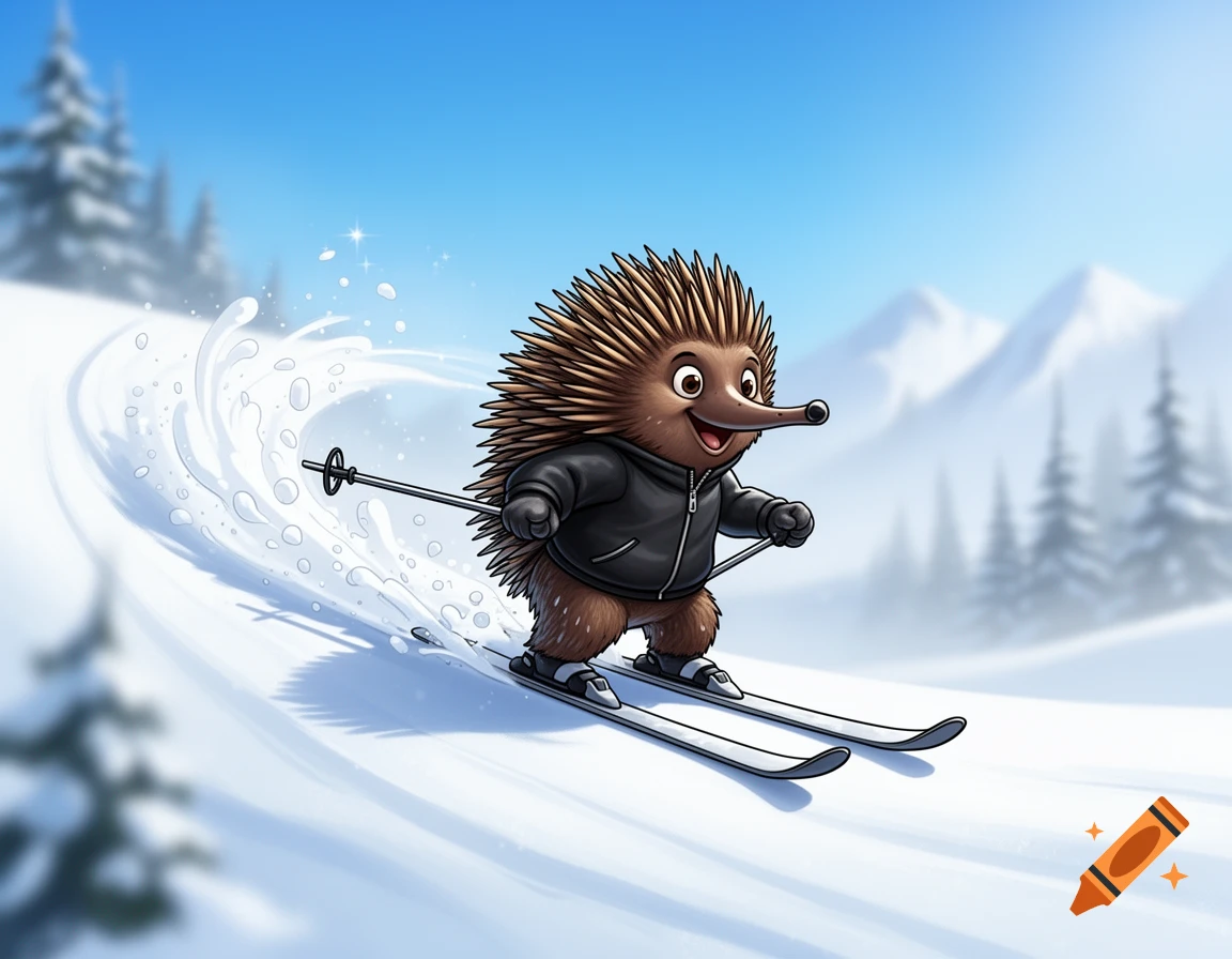 A happy cartoon echidna wearing a black jacket skis down a snowy mountain slope, kicking up snow behind it.
