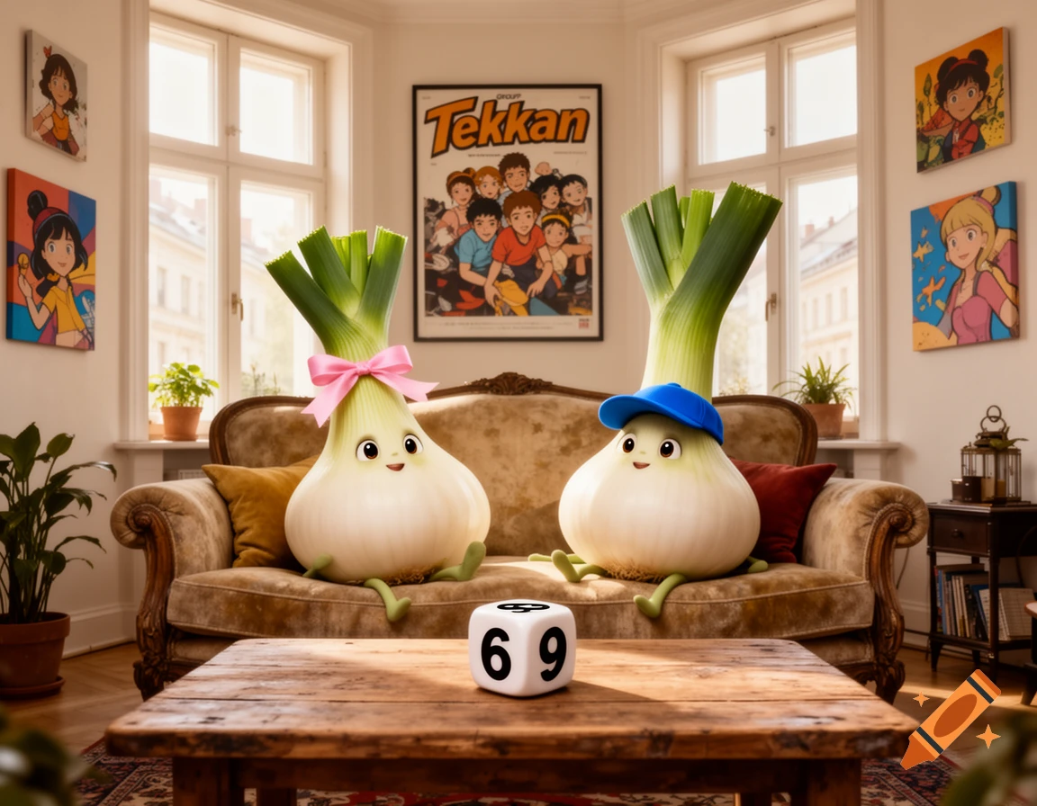 Two smiling leek characters, one with a pink bow and one with a blue cap, sit on a couch in a cozy living room. A dice showing "69" is on the coffee table in the foreground.