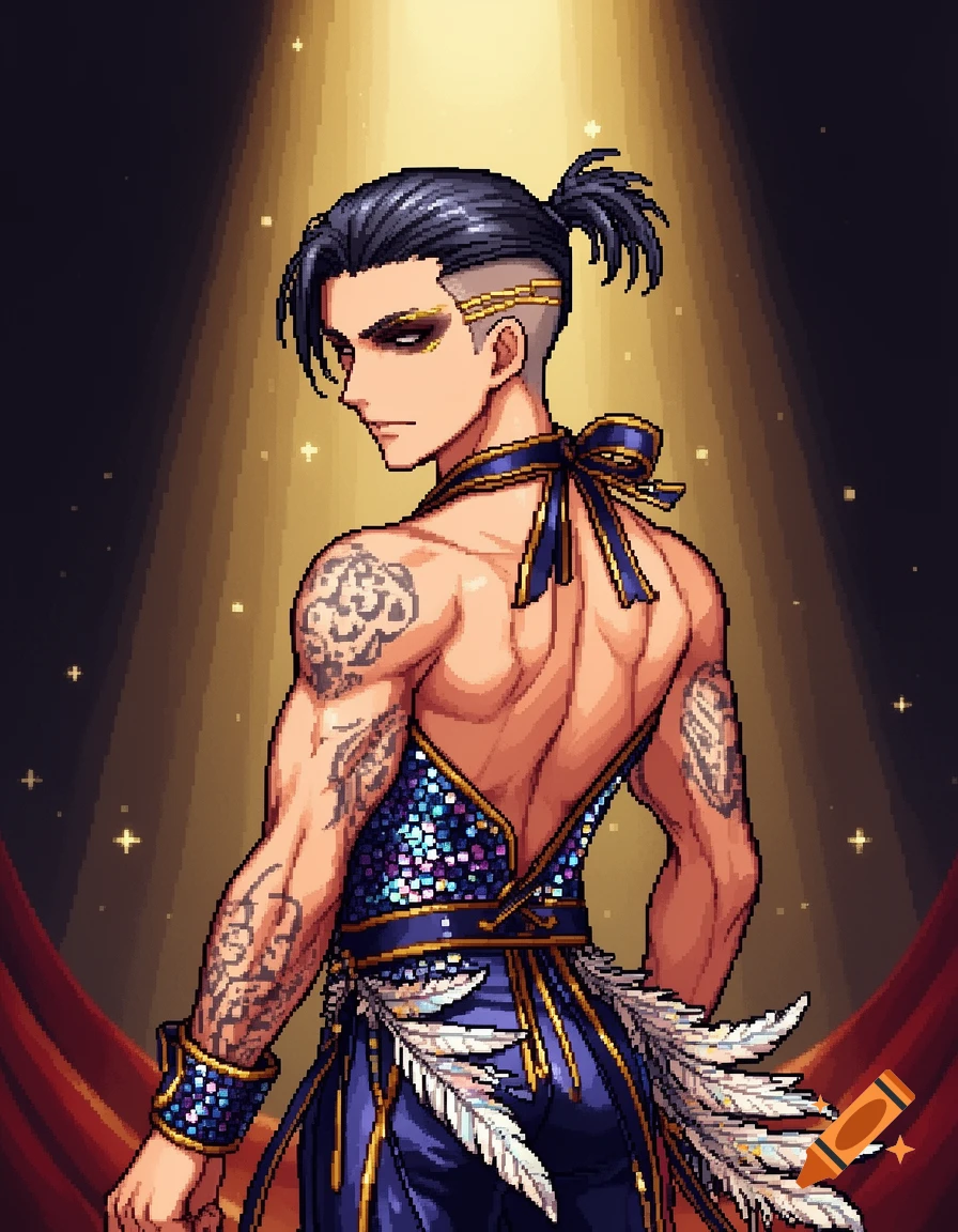 Pixel art of a tattooed male circus performer in a sequined costume, under a spotlight.