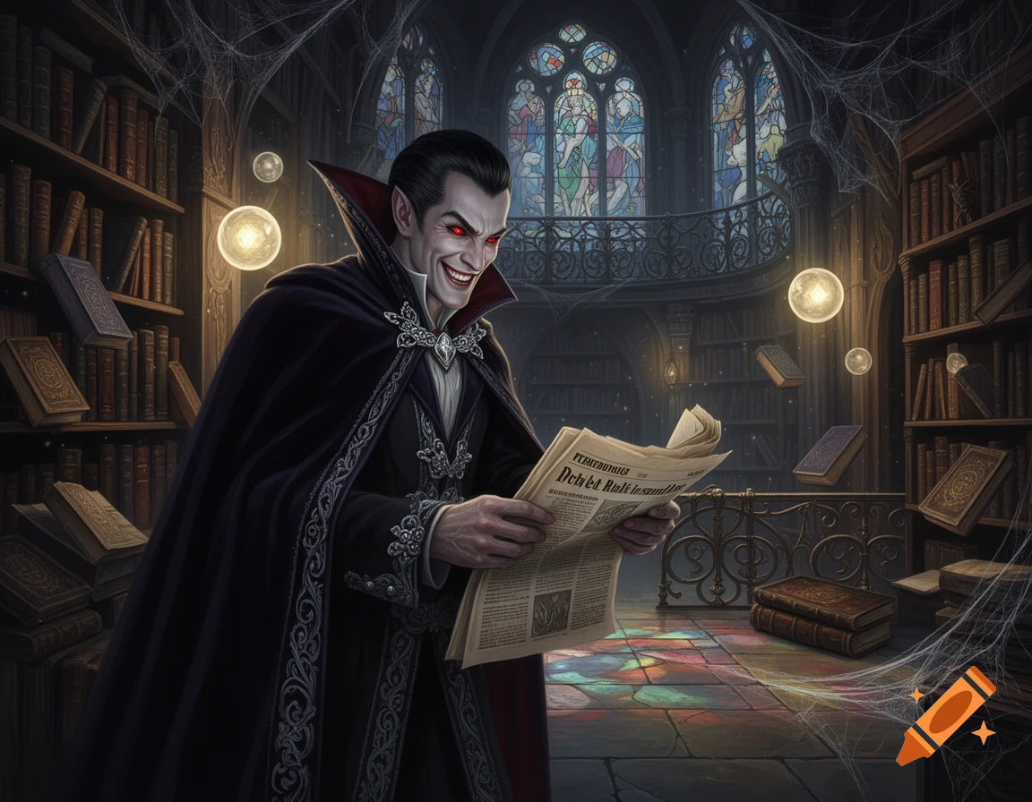 A vampire villain with red eyes and a sinister smile stands in a gothic library, reading a newspaper. Floating books and glowing orbs surround him.
