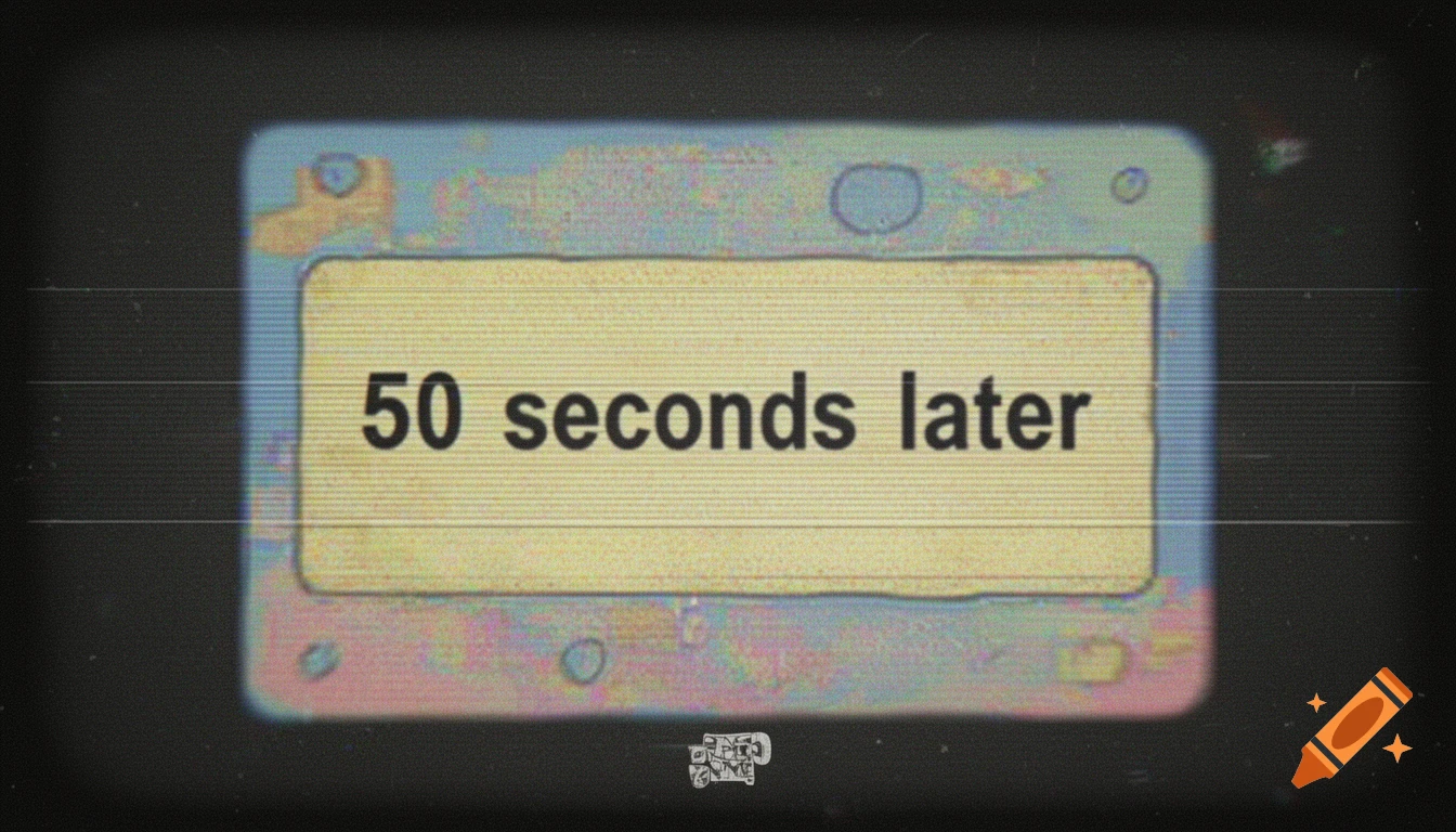 A vintage, grainy time card with VHS effects displaying the text '50 seconds later' on a faded yellow background.