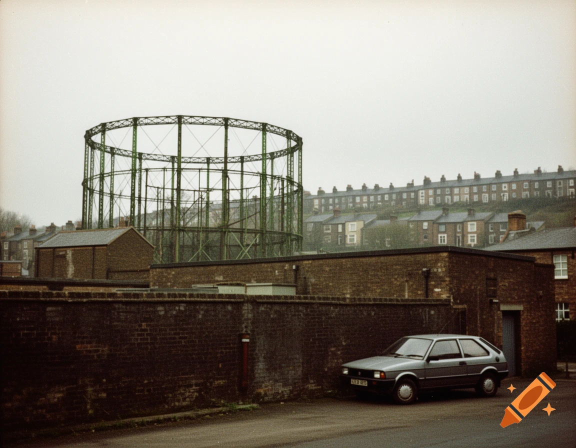 A vintage 1980s photograph shows a large green gasometer, brick walls, a parked grey hatchback, and terraced houses.