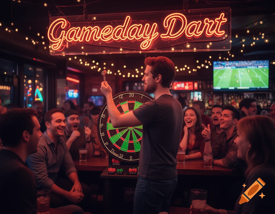 A man throws a dart in a lively bar under a 'Gameday Dart' neon sign, surrounded by cheering friends and a soccer game on TV.