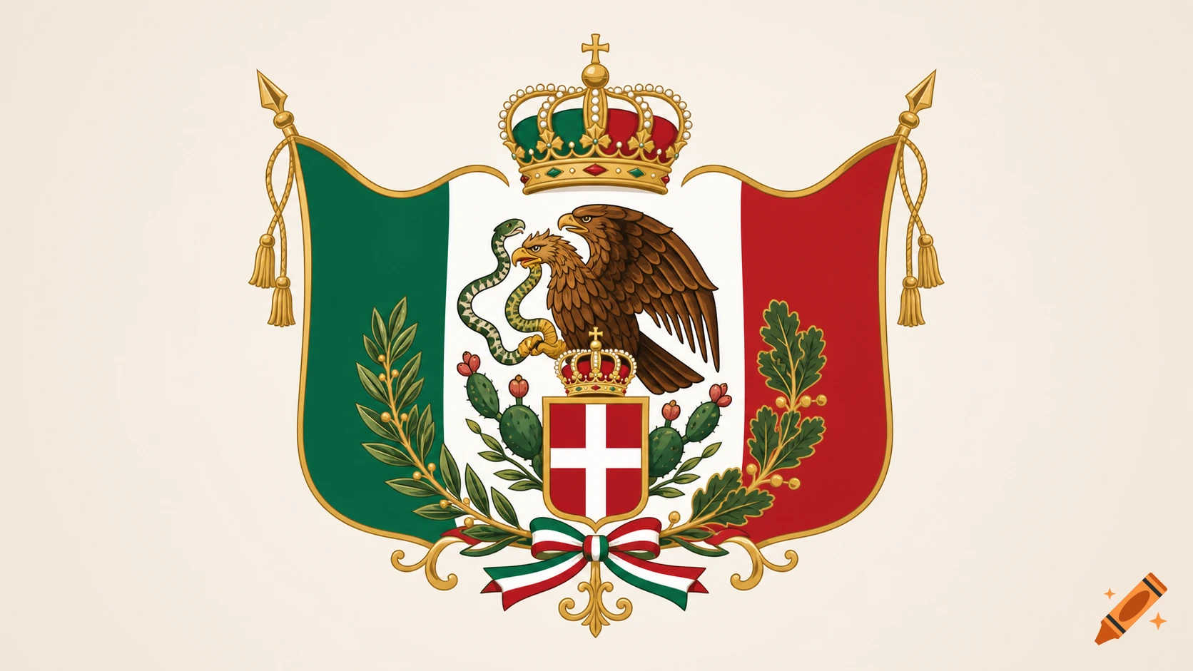 Ornate emblem combining Mexican and Italian national symbols: an eagle, snake, crowns, cross, and green, white, red flags.