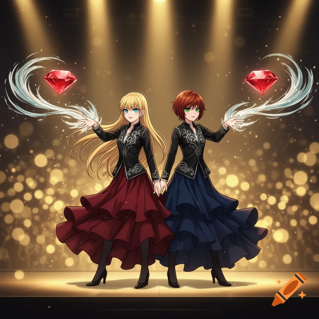 Two anime girls in black and red/blue dresses stand on a stage, holding hands and conjuring red diamonds with swirling energy.