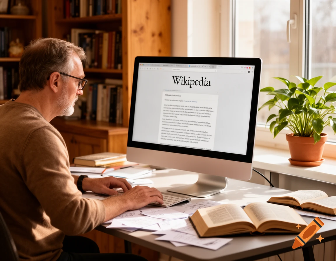 A man wearing glasses works at a computer, displaying "Wikipedia" on the screen, surrounded by open books and papers on a desk in a sunlit room.