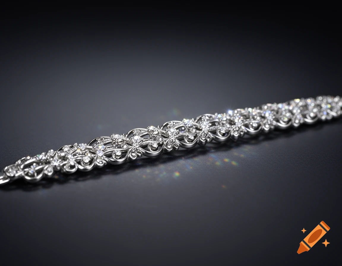 A close-up of a detailed silver diamond-encrusted bracelet on a dark surface, shimmering with colorful light refractions.