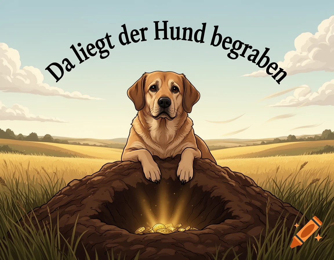 A cartoon Labrador retriever lies on a mound of earth, revealing a hole with glowing gold coins, under a blue sky with text "Da liegt der Hund begraben".