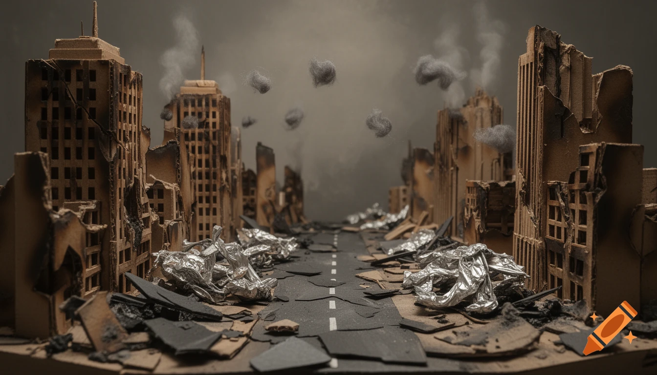 A miniature diorama of a destroyed city with crumbling cardboard buildings, debris of foil and cardboard, and smoke.