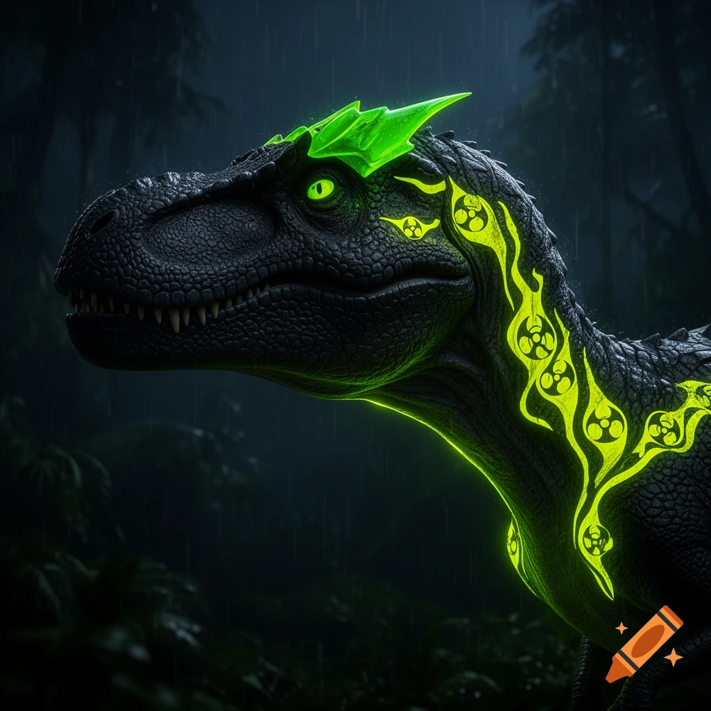 Photorealistic image of a black Allosaurus with glowing green biohazard patterns in a dark, rainy prehistoric jungle.