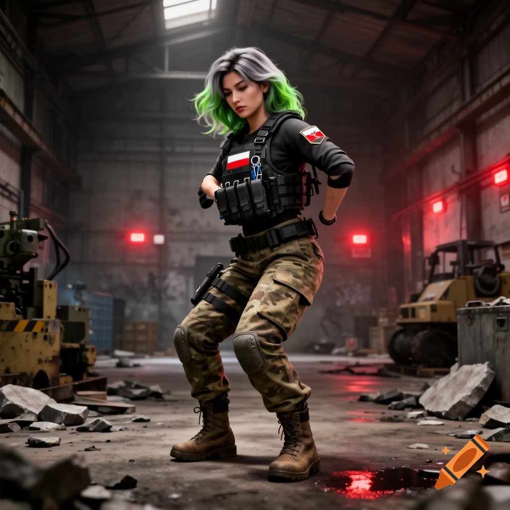 A woman with gray and green hair in tactical gear and a Polish flag patch stands in a dark, industrial warehouse with red lights.
