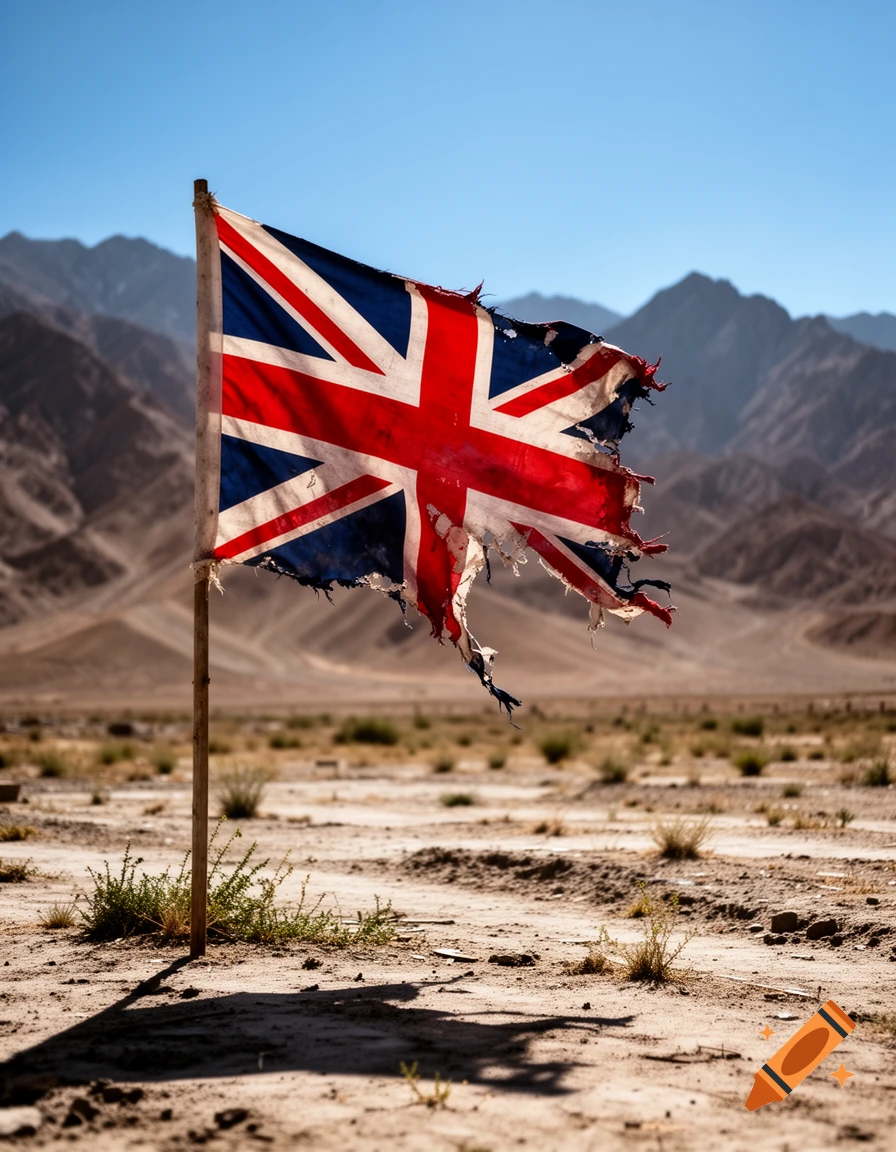 A tattered, weathered British Union Jack flag on a wooden pole in a sun-baked desert landscape with mountains.