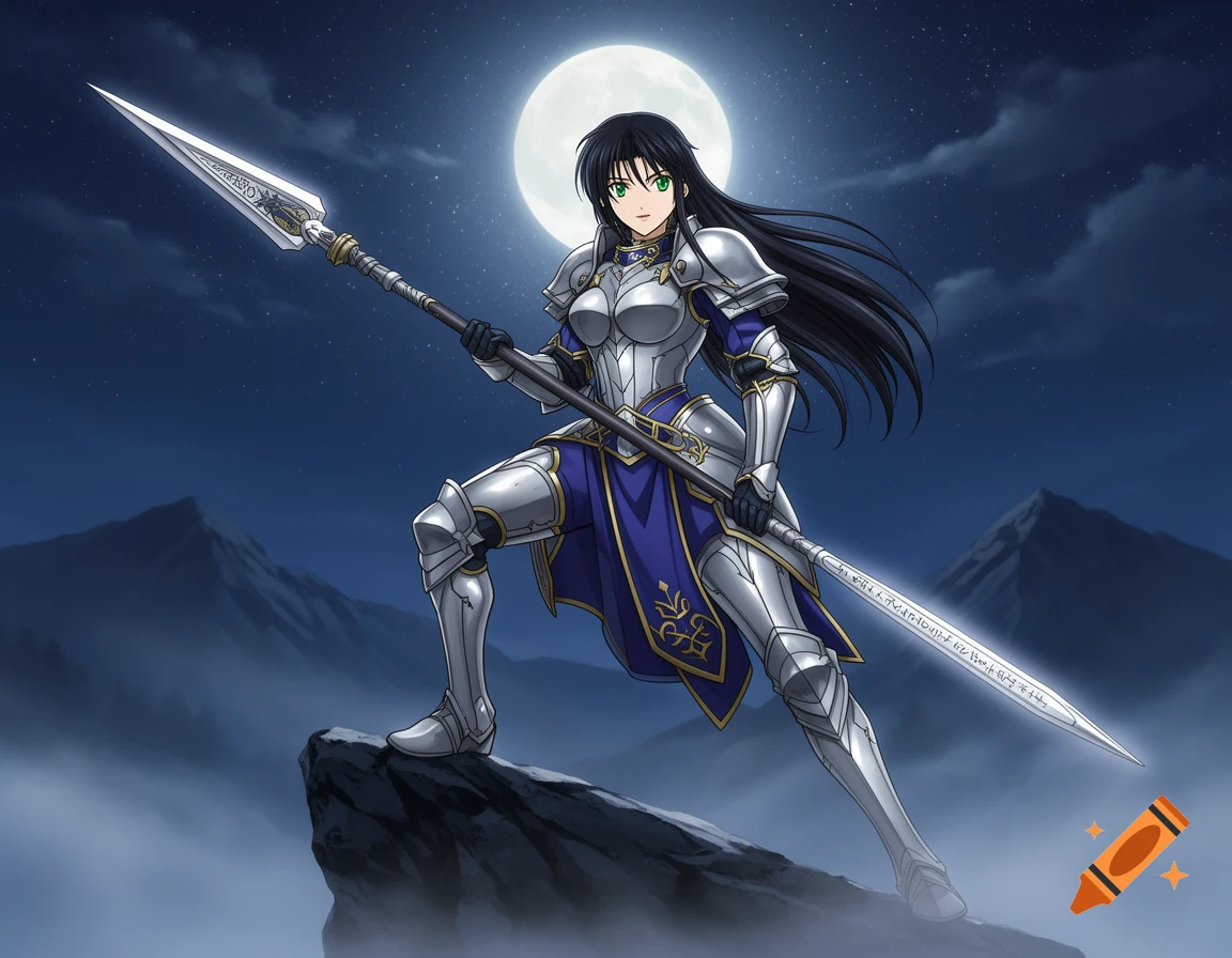 Anime female warrior in silver armor with blue accents holding a long spear on a moonlit mountain cliff.