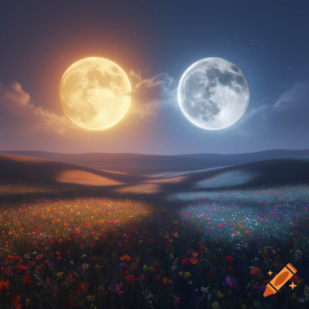 Two large moons, one golden and one silver, illuminate a sprawling field of vibrant wildflowers under a twilight sky.