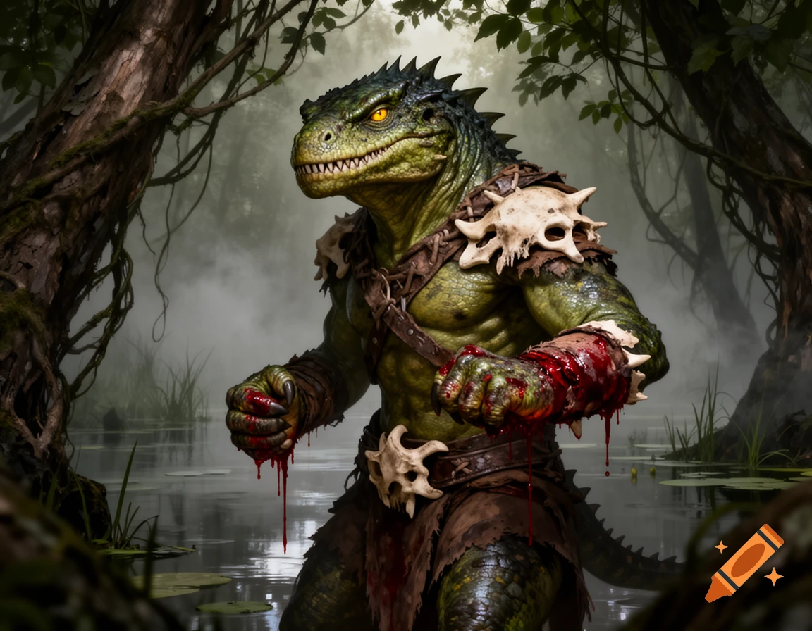 A fearsome green lizardfolk with glowing yellow eyes, wearing bone armor, stands in a misty swamp with bloody claws.