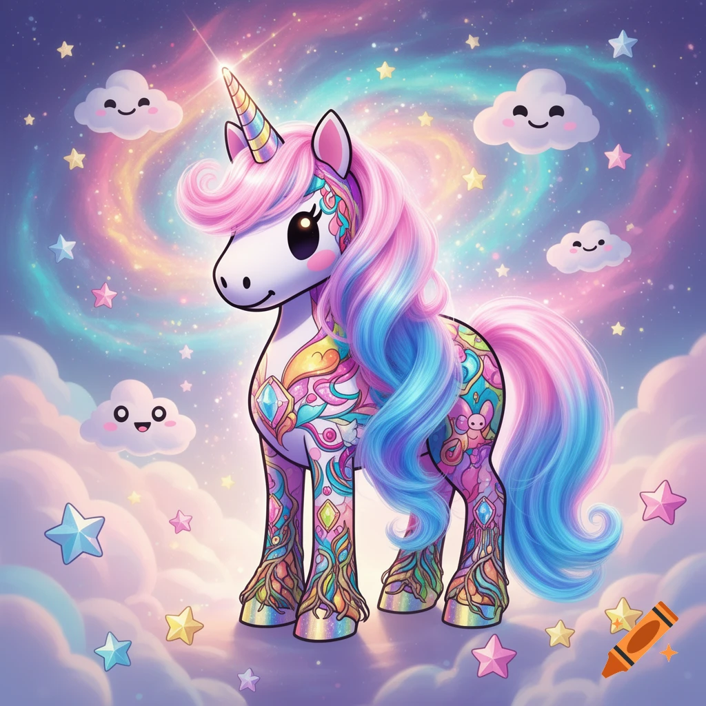 A cute, stylized unicorn with a rainbow mane, tail, and colorful patterns on its body, standing in a pastel galaxy with smiling clouds and stars.