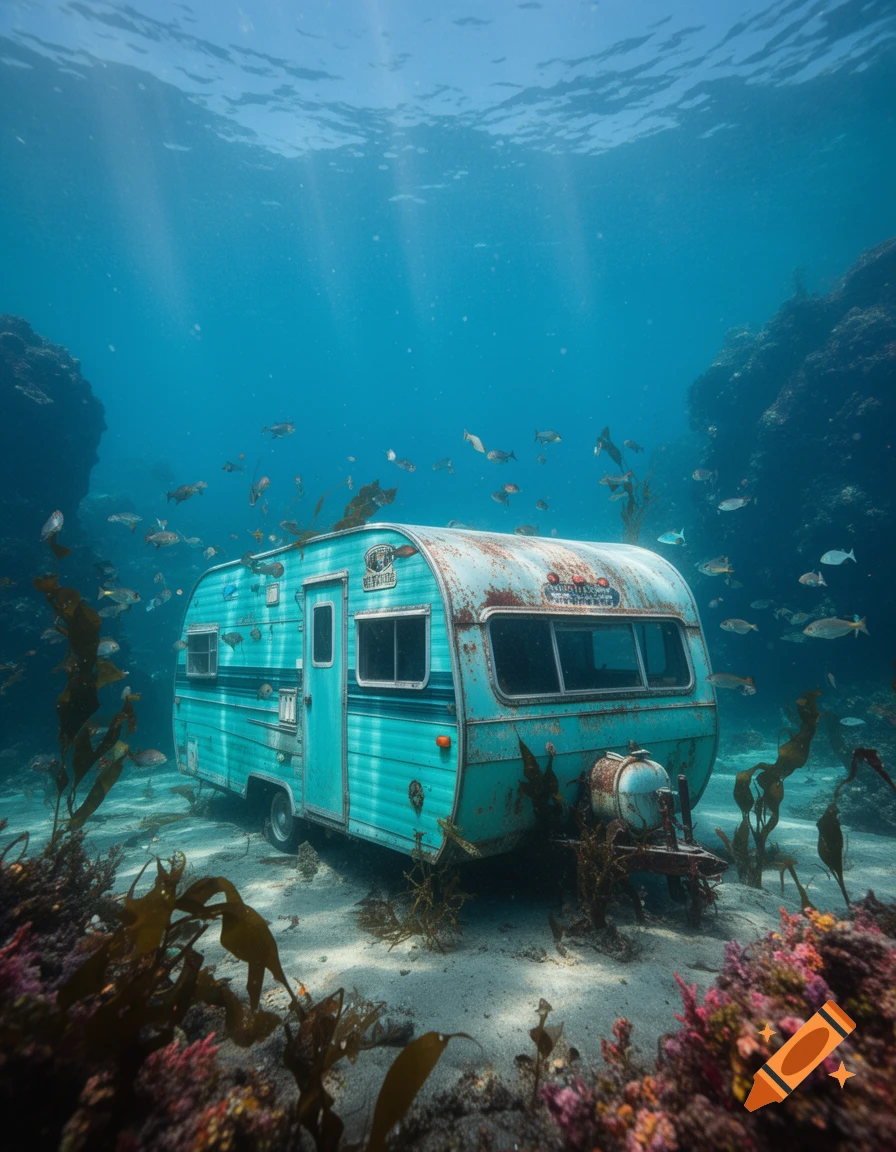 An old, rusty turquoise camper van rests on a sandy seabed, surrounded by schools of fish, coral, and seaweed, with sunbeams filtering through the clear blue water above.