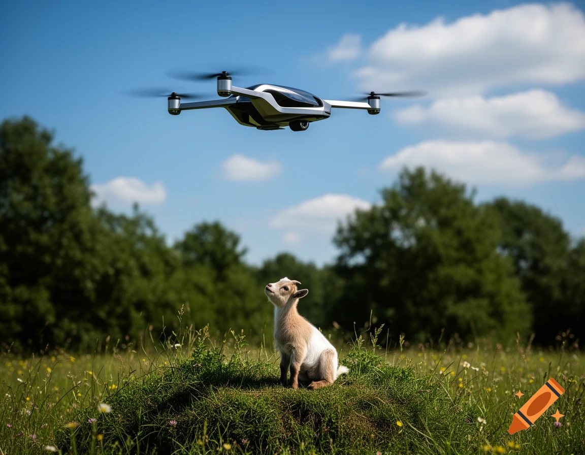 A white and black drone hovers in a clear blue sky above a small tan and white baby goat sitting on a grassy mound in a field, looking up at the drone.