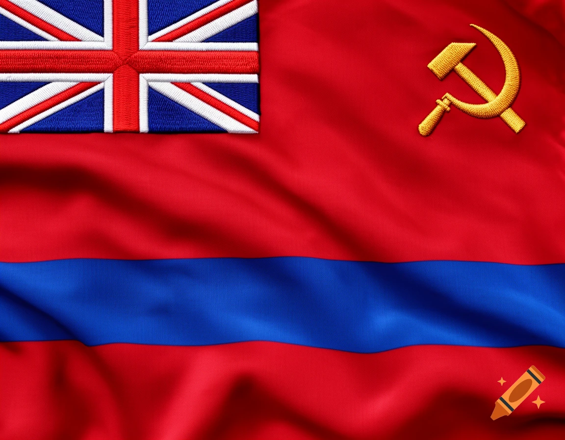 A wavy red flag featuring a Union Jack in the upper left, a gold hammer and sickle in the upper right, and a blue stripe across the lower middle.