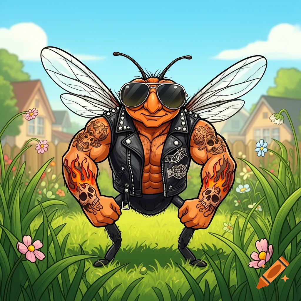 A cartoon buff tattooed house fly wearing a black studded biker jacket and sunglasses, standing in a grassy backyard.