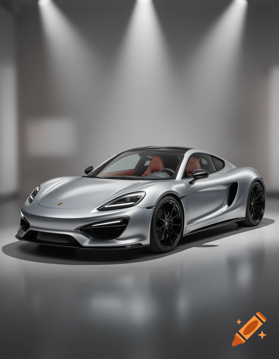 A sleek silver custom sports car with black wheels and a red interior, illuminated in a grey studio.
