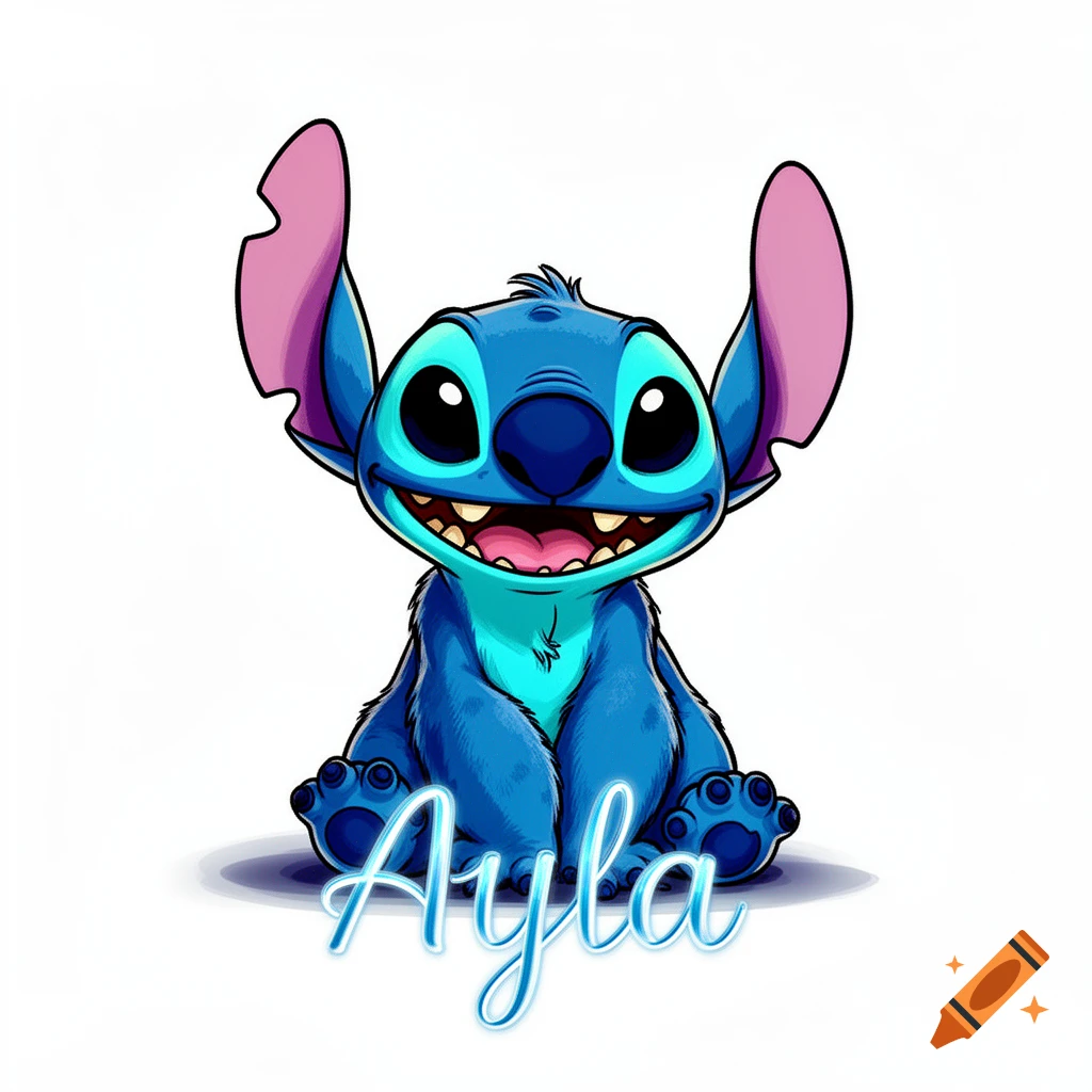 Cartoon character Stitch, a blue alien with big ears and a wide smile, sits on a white background with the name Ayla.