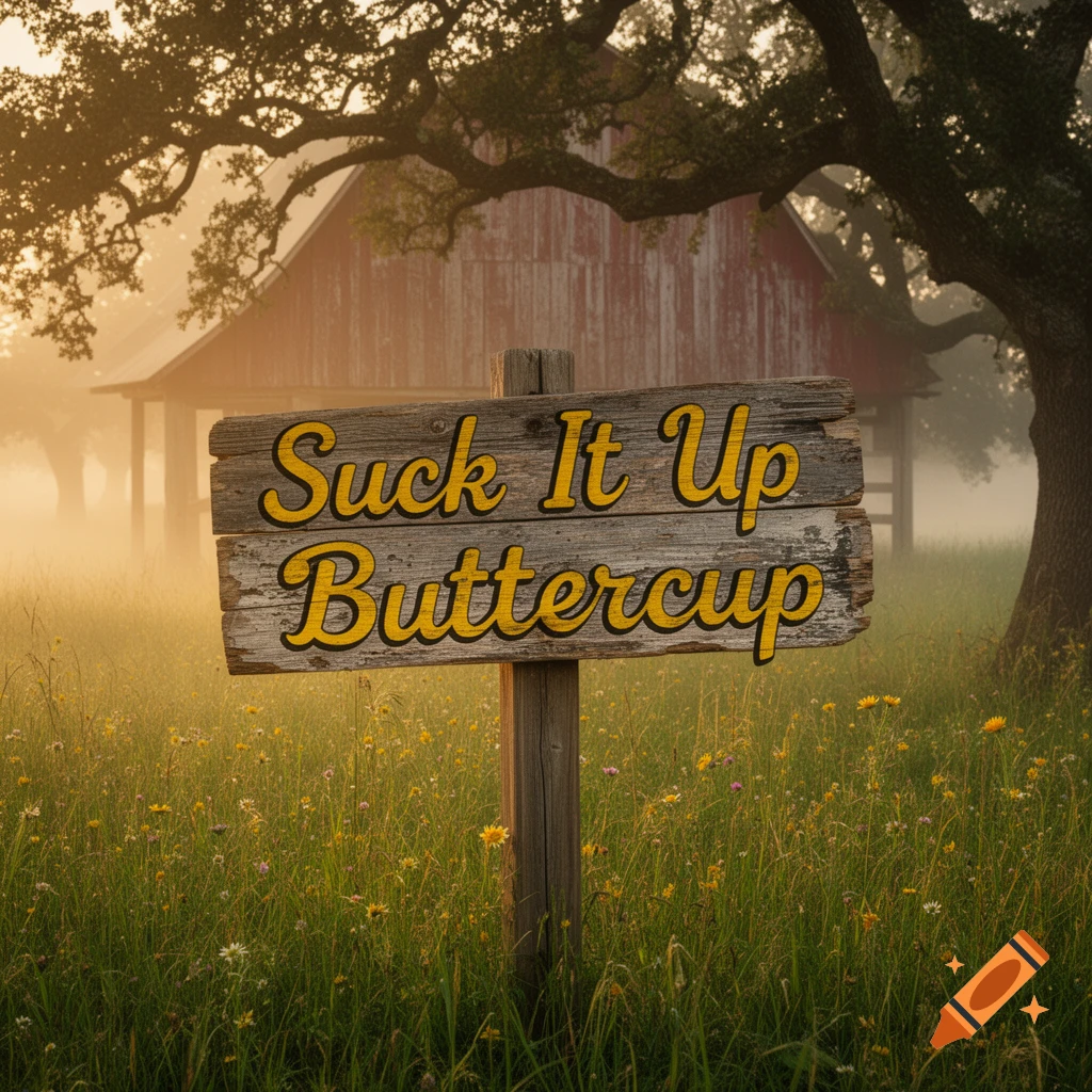 A rustic wooden sign in a misty field with a red barn and tree, reading 'Suck It Up Buttercup'.