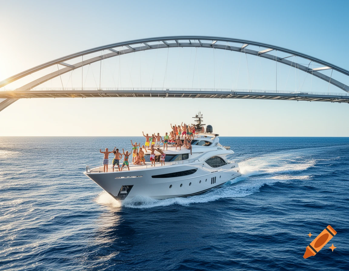A white yacht speeds on blue water under a large arched bridge, filled with cheering people on deck, under a sunny sky.
