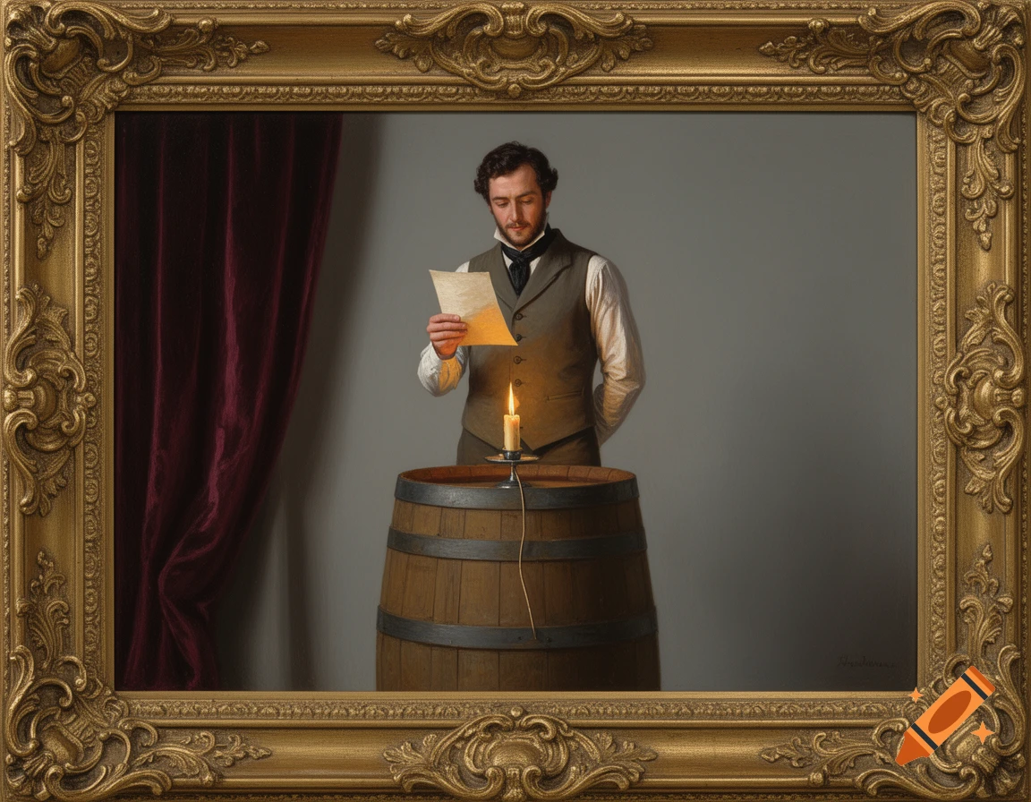 A photorealistic oil painting of a man in 19th-century attire reading a parchment by candlelight atop a wooden barrel, framed in ornate gold.