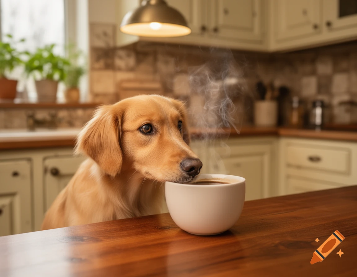 A photorealistic Golden Retriever dog looks at a steaming cup of coffee on a kitchen counter.